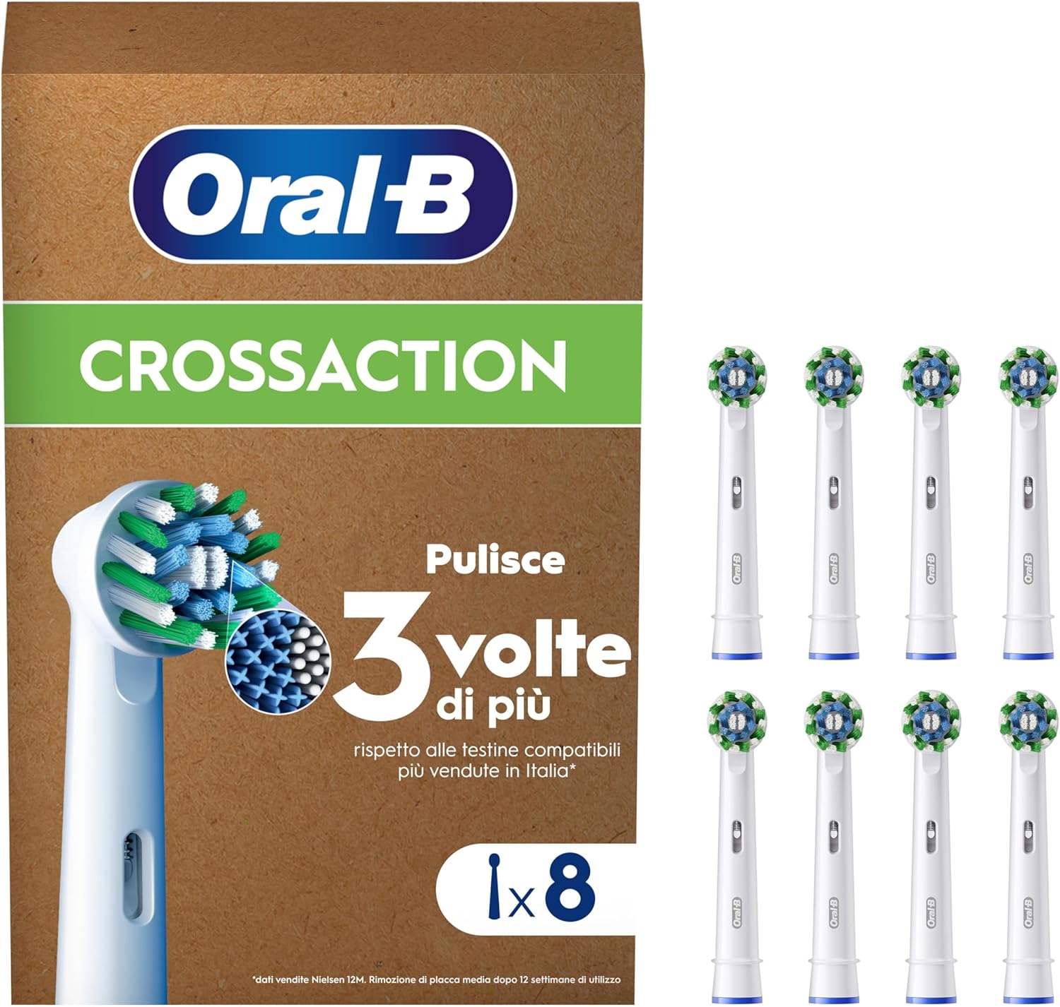 Oral-B Cross Action Testine Spazzolino Elettrico, Confezione da 8 Testine di Ricambio, Setole Angolate che si Adattano a ogni Dente per una Pulizia Profonda, Adatto alla Buca delle Lettere